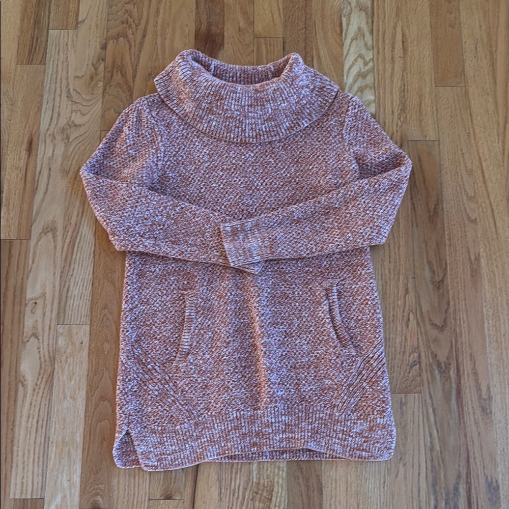 DULUTH Cowl Neck Front Pocket Orange/White Sweater, Size Small